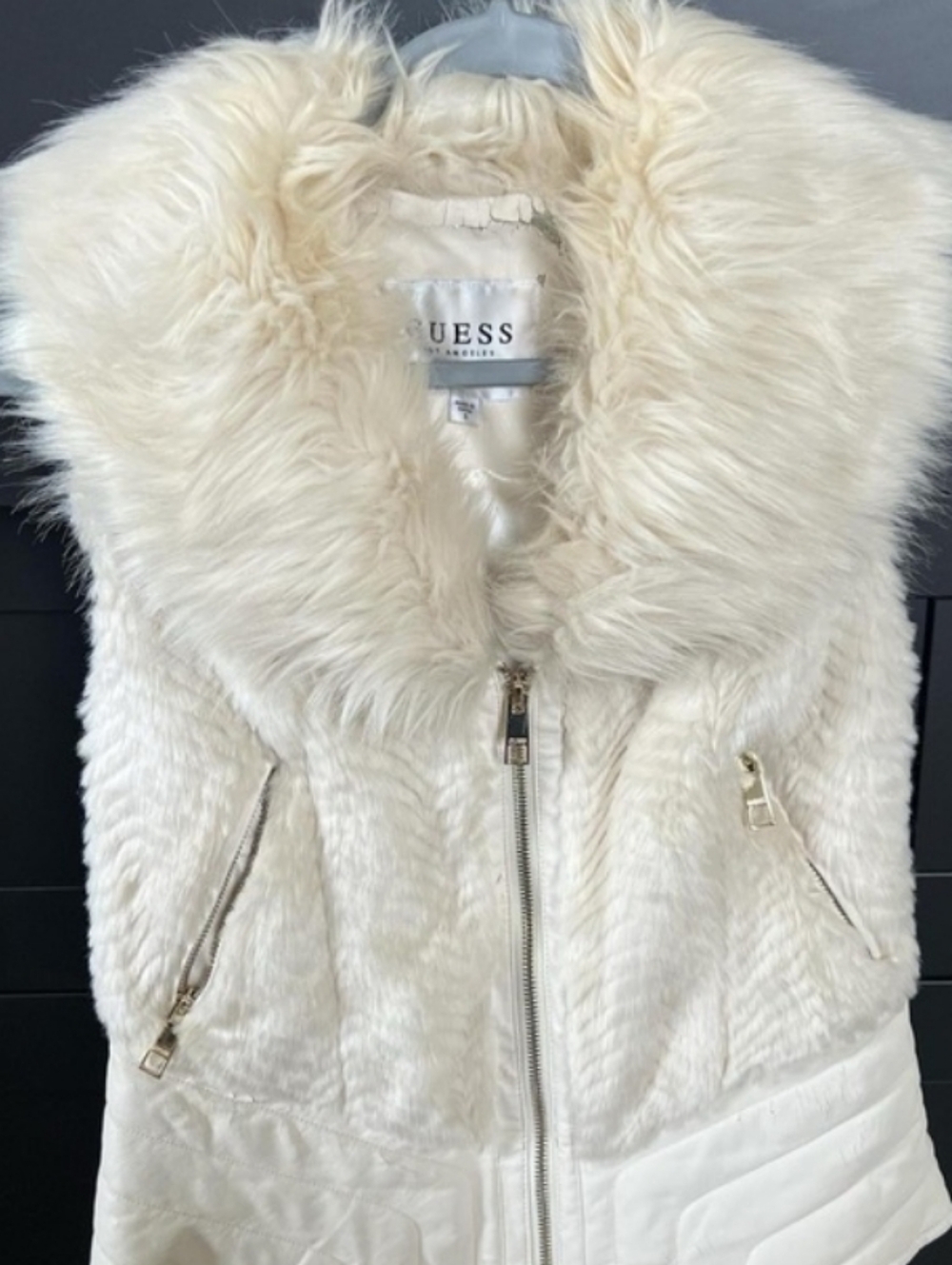 GUESS Women's Cream Faux Fur Vest with Quilted Hem